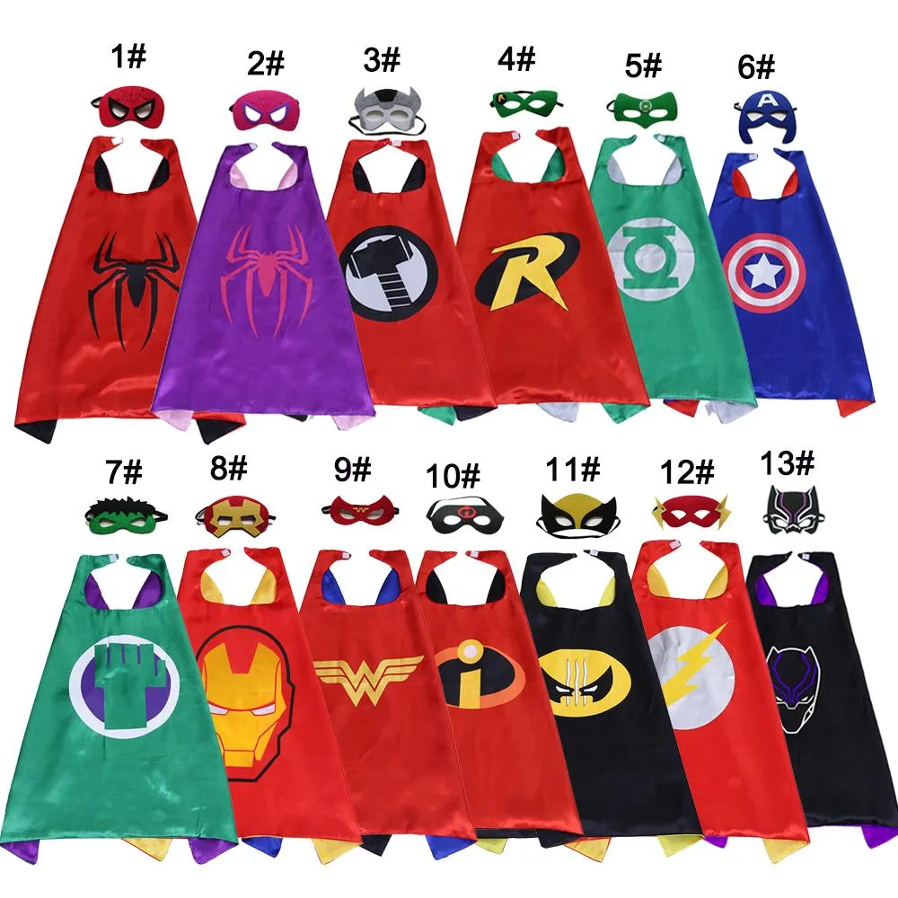 27Inch dubbelsidig barn superhjälte kostym cape med maskuppsättning 13 alternativ toppkvalitet cosplay halloween julbarn satin födelsedagsfest gynnar