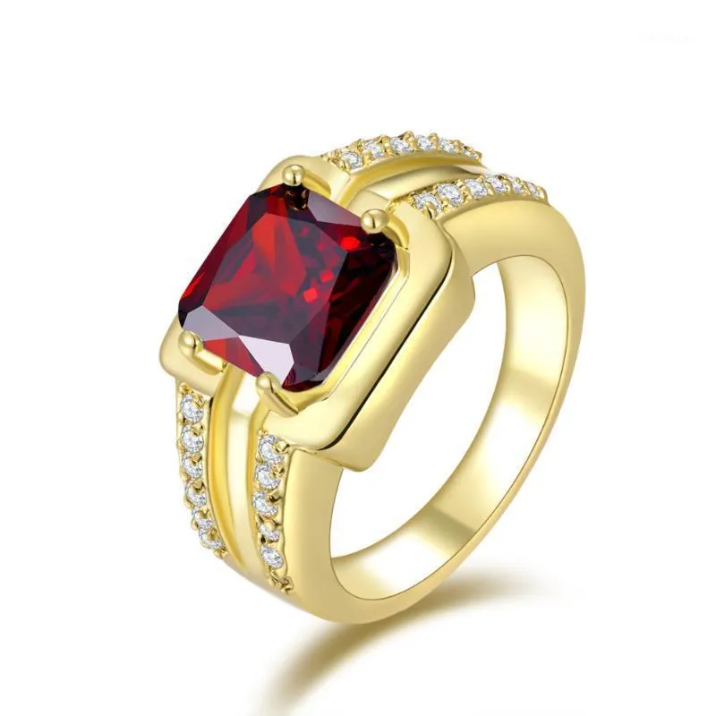 SuoHuan Size 8 12 Trendy Male Men Ring Red Stone Zircon Crystal Gold Filled Wedding Engagement Band Rings Finger Jewelry Gift1