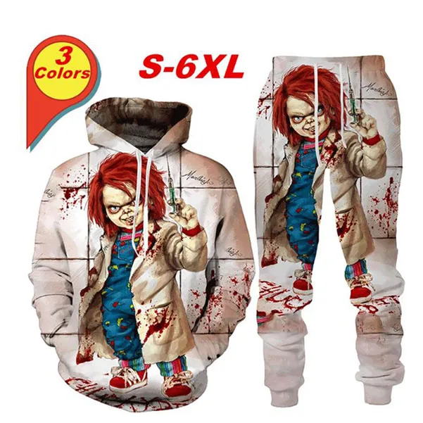 2021 Nuovi Uomini/Donne Halloween Terror Sangue Bambino di Chucky Gioca Divertente 3D Stampa Moda Tute Pantaloni Hip Hop + Felpe con cappuccio RF013