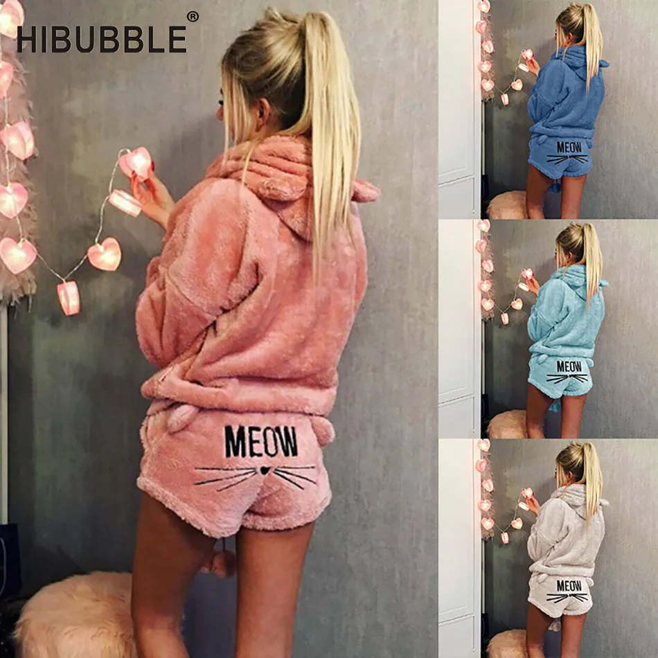 여성 잠옷 세트 2019 가을 겨울 따뜻한 잠옷 여성 양털 Pijamas Femme 섹시한 란제리 고양이 Pijama Mujer Sleepwear homewear Y200708