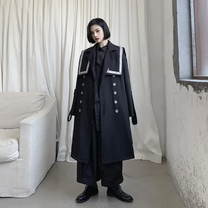 Kvinnors Trench Coats Kvinnor Yohji Ribbon Big Collar Long Jacket Lös windbreaker Kvinna Japan Vintage Dubbelbröst Streetwear Gothic Coat