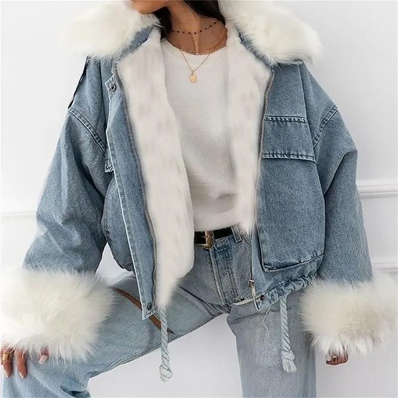 jean jacket coat classic faux fur detachable warm thicken women winter coats casual oversized denim jackets outwear female 201112