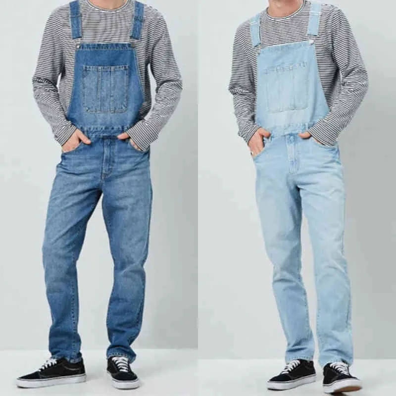 Nya mode män jeans overalls high street rakt denim jumpsuits hip hop män last bib byxor cowboy man jean dungarees g0104
