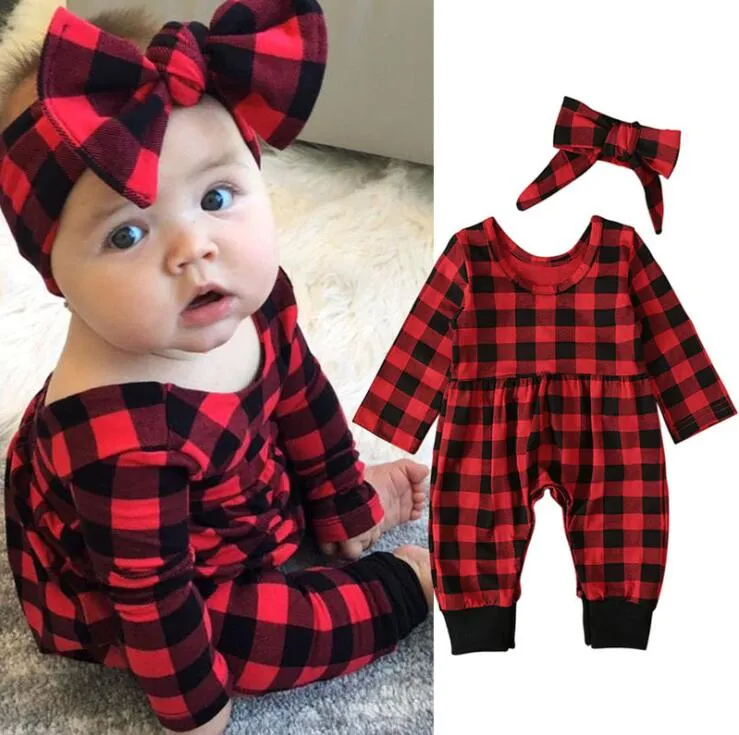 Buffalo Plaid Rompers Bandeau Bande Jumpse bébé Jumpsuits fille Bébé Bébé à manches longues Oneesies Enfants Couvre-vêtements Vêtements Enfants Porter 2PCS / Sets YL1399