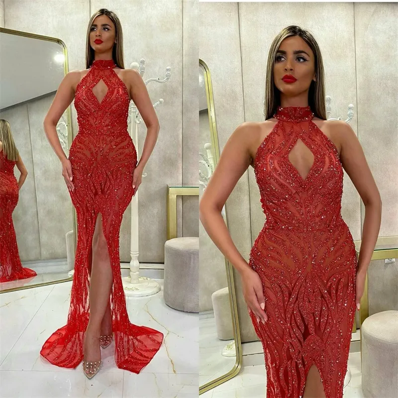 Blask Cekiny Prom Dresses Wysokiej szyi Koraliki Sexy Front-Split Red Evening Dress Custom Made Sweep Train Mermaid Formalna sukienka