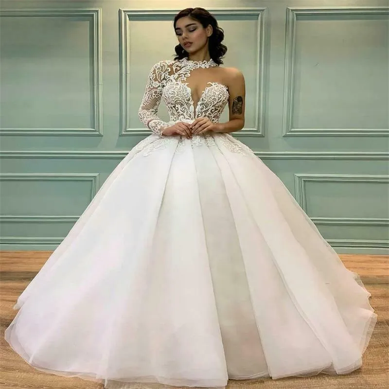 Lace Formal Bridal Gowns One Shoulder Long Sleeves Wedding Dresses Sweep Train vestido de Ball Gown