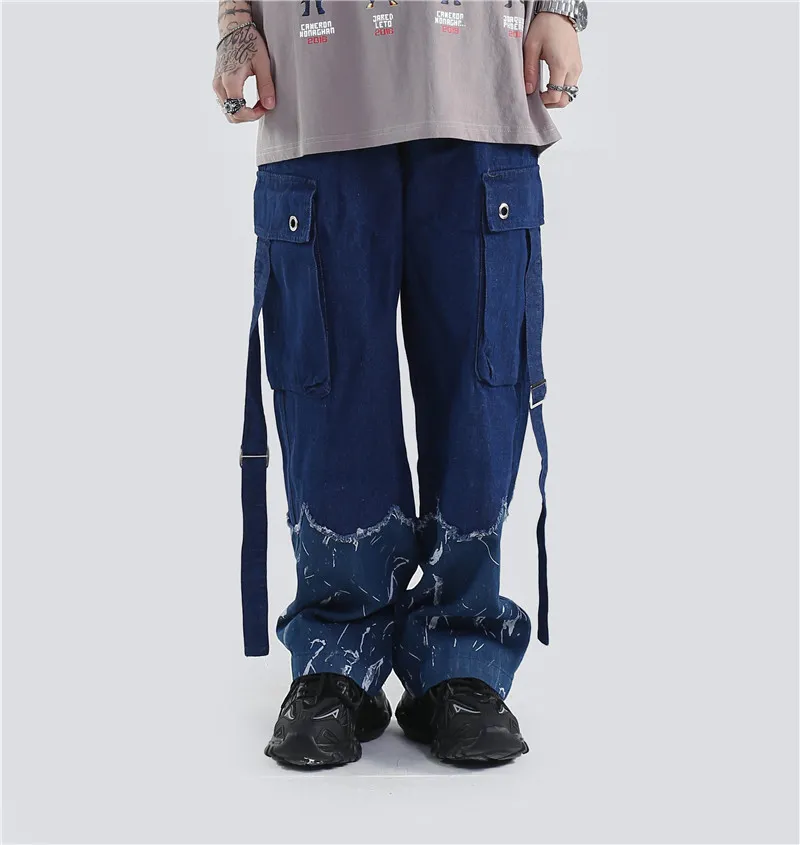 Baggy Denim Jeans: Ring Ribbon, Cargo Pockets, Drawstring