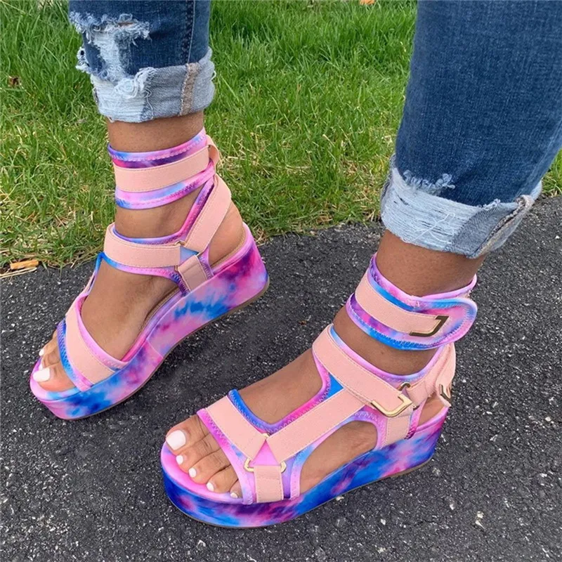 2020 Platform Sandalen Vrouwen Schoenen Zomer Hoge Hakken Dames Casual Schoenen Wiggen Chunky Sandalen Gladiator Mode Tie-Dye Sandalen