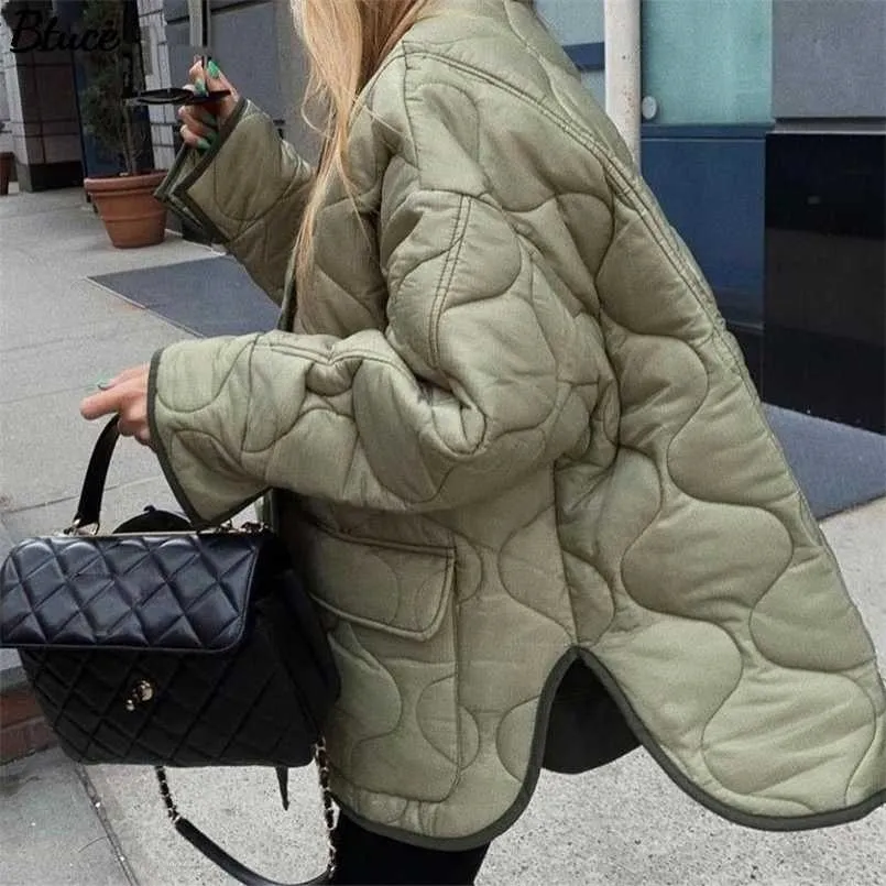 Kvinnor Armé Grön Vinter Quiltad Parkas Kvinna Casual Långärmad Ficka Singel Breasted Curved Hem Jacka Coat 211221