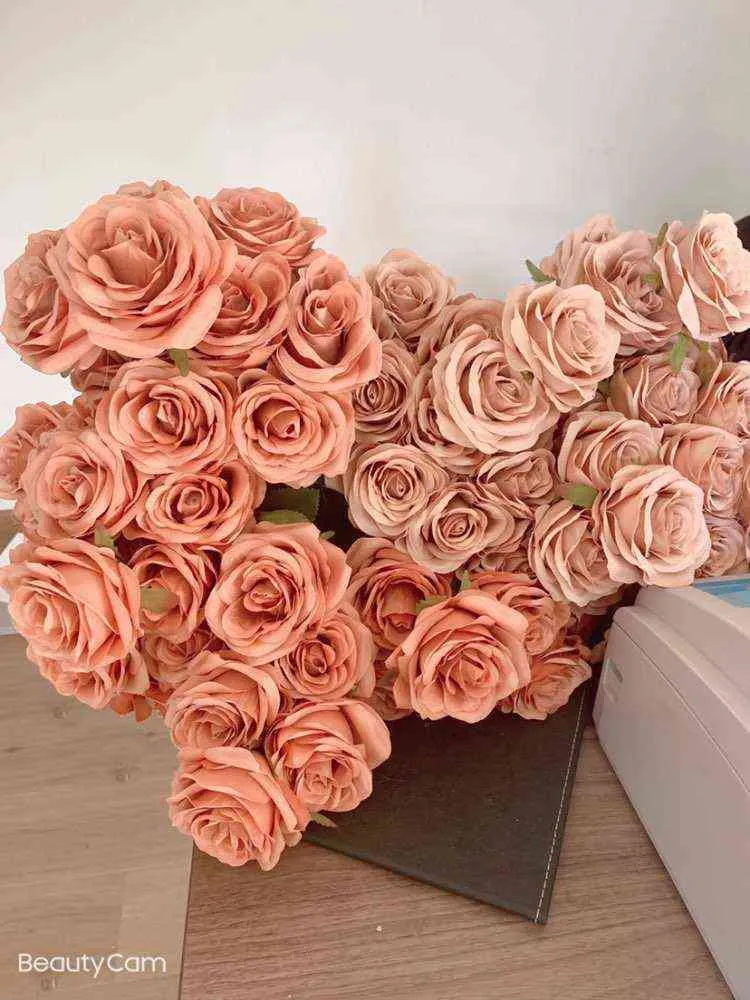 Regali per donne 55 cm D 9,5 cm 9 rose/bouquet di fiori di seta finti artificiali scena di matrimonio autunno decorazioni natalizie regalo caffè marrone