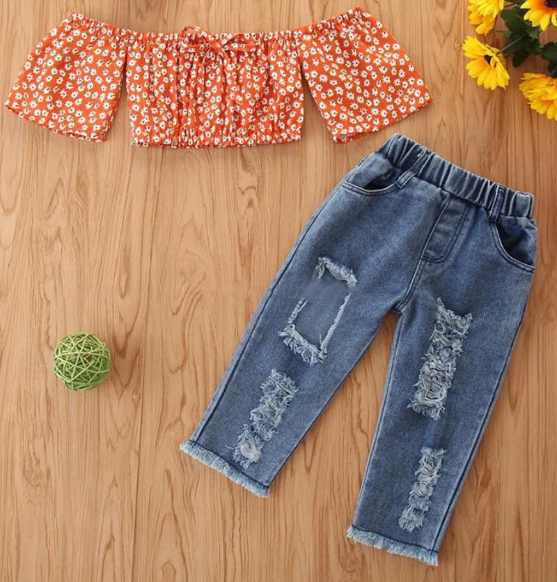 2020 Baby Designer Clothes Girls Pineapple Tops Ripped Denim Shorts 2pcs Sets Off Shoulder Toddler Outfits Summer Baby Clothing 6 Designs