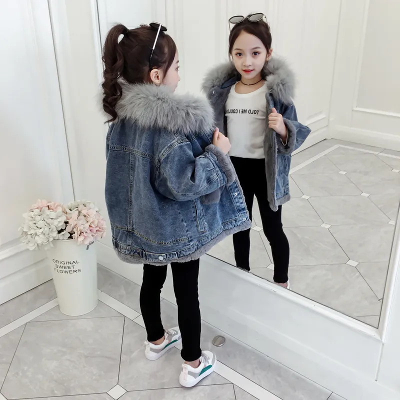 Teen Girls Winter Denim Jacket Velvet Lined, Fur Hooded Jean