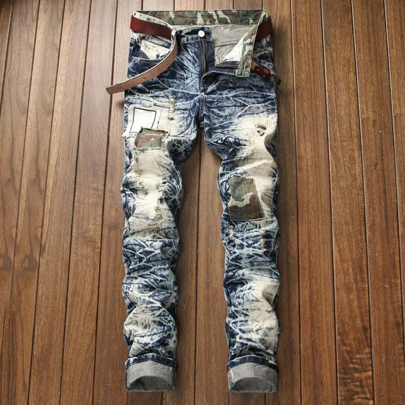 Dżinsy męskie Wysokiej Jakości Prosto Slim Fit Ripped Mężczyźni Plisowane Plisowane Patchwork Dżinsowe Spodnie Motocyklowe Biker Vintage Jean Spodnie