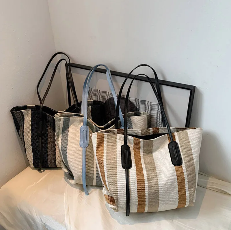 DHL50pcs Stuff Sacks Women Canvas Large Capactiy Vertical Striped Cross Hasp Totes Mix Color