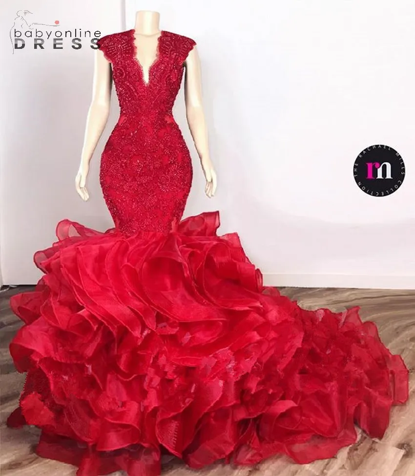 Cascading Ruffles Red Mermaid Prom Dresses Sexy V Neck Cap Sleeve Appliques Beads Long Train Party Evening Gowns Junior Graduation Wears Luxury