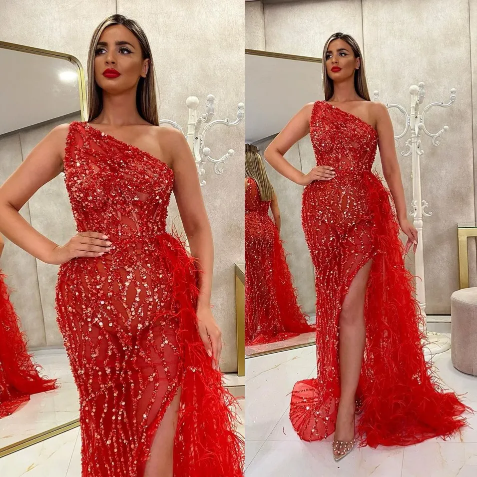 Luxury Red Beaded Mermaid Prom Dresses One Shoulder Neck Sequined Feather Evening Gowns Floor Length Side Split Formal Dress