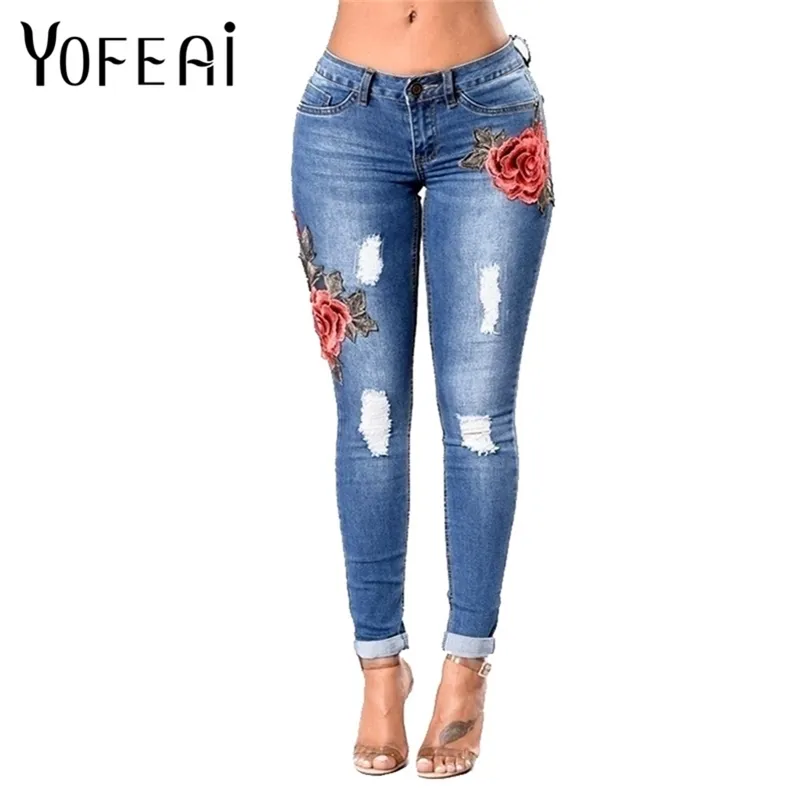 Yofeai جديد جينز المرأة أزياء عالية الخصر الجينز الإناث زهرة التطريز الدينيم سروال رصاص المرأة نحيل جينز زائد الحجم 201223