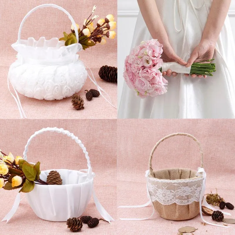 Romantisk Bowknot Burlap Satin Wedding Ceremony Party Rose Flower Girl Basket