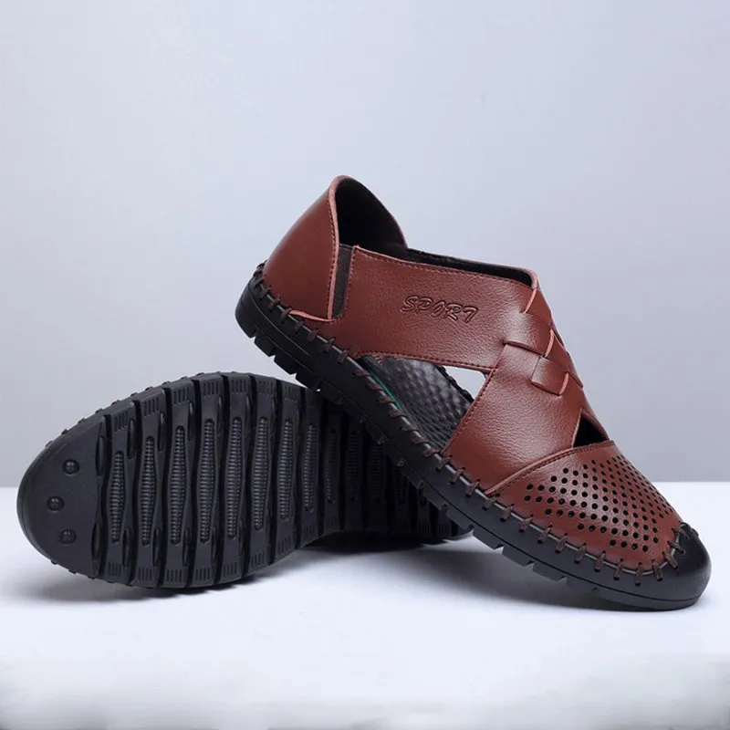 Breathable Leather Sandals For Men Hollow Hole Antiskid Split