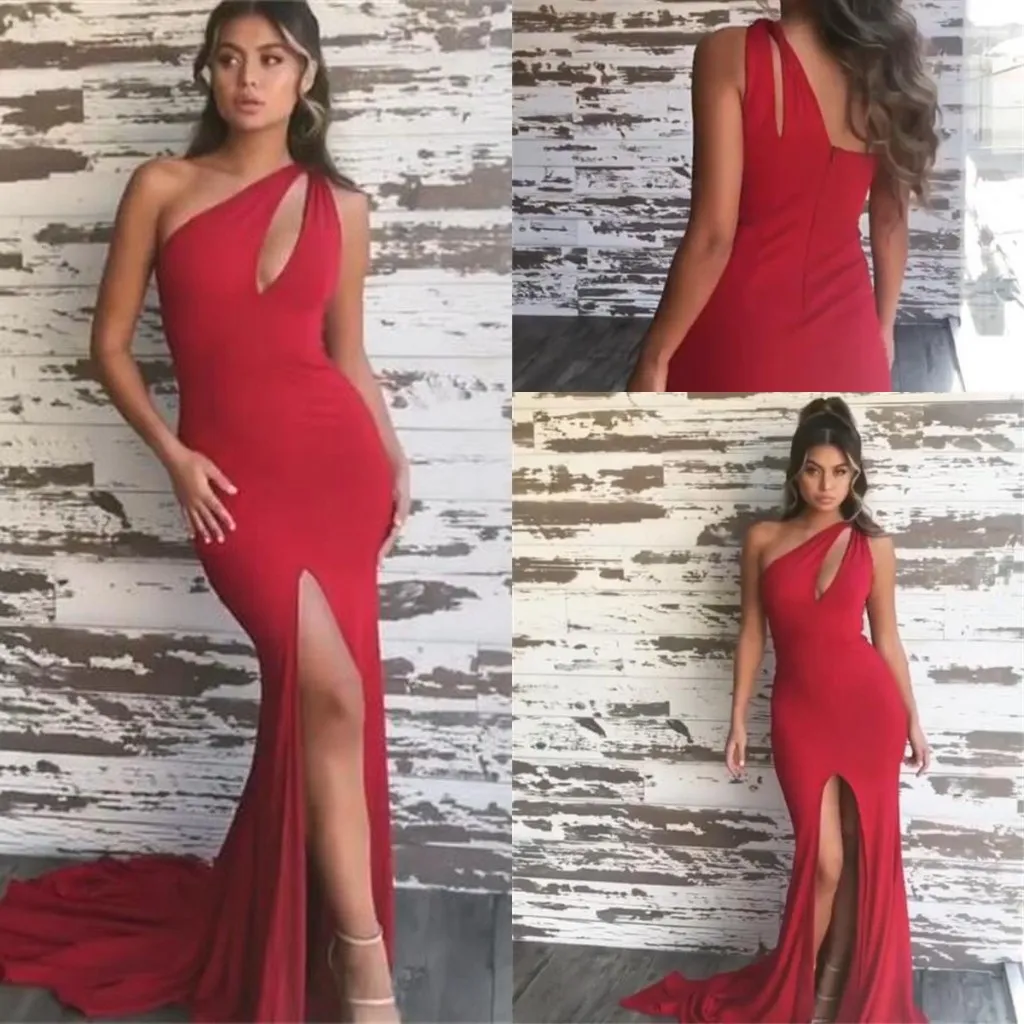 Sexy Red Plus Size Mermaid Prom Dresses V Neck One Ramię Floty Długość podłogi Formalne Wieczorowe Party Suknie Specjalne okazje Dress Custom Made