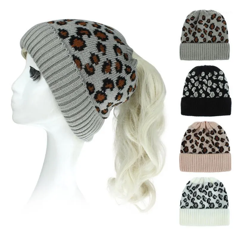 Beanie/Skull Caps Winternitting Hats For Women Fashion Leopard Stretch Break Break Haakses Cap Holey Warm Female Gray1