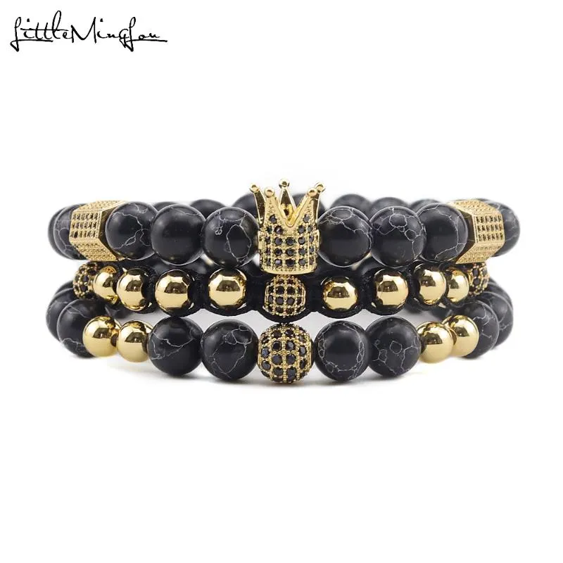 Charme Armbänder 3 teile/satz Luxus Naturstein Perlen Krone CZ Ball Geflochtene Flechten Männer Armreifen Für Schmuck