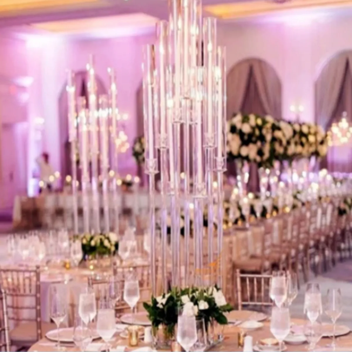 Neues Hochzeits-Mittelstück, hohe Acrylröhren, Kerzenhalter, Kristall-Hurricane-Kerzenleuchter für Tischständer mit Lampenschirm senyu562