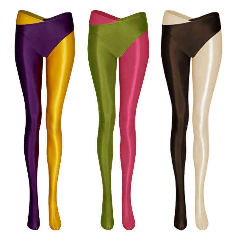 Shiny Two Color Split Leg Yoga Spandex Leggings With High Waist