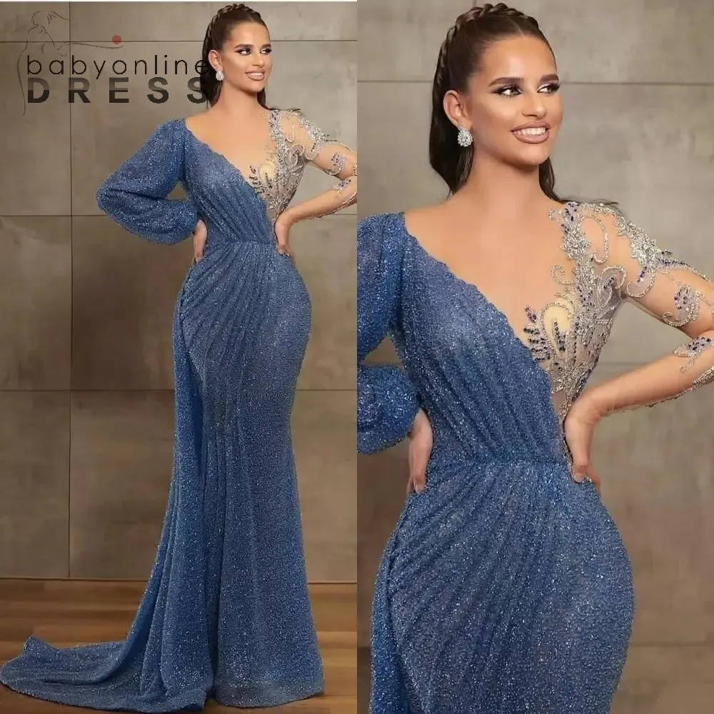 New Blue Evening Kleider Juwel Hals Perlen Paillettenspitze Langarm Mermaid Prom Kleid Sweep Zug Custom Illusion Roben de BC10673