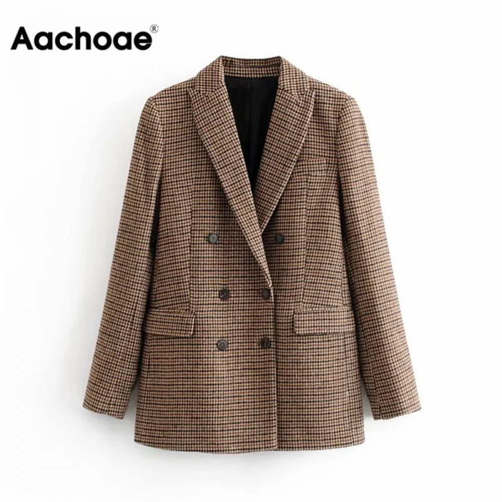 Aachoee vintage casual xadrez blazer mulheres moda dupla escritório breasted ladies jaqueta jaqueta jaqueta entalhada coleira de manga comprida ternos 201023