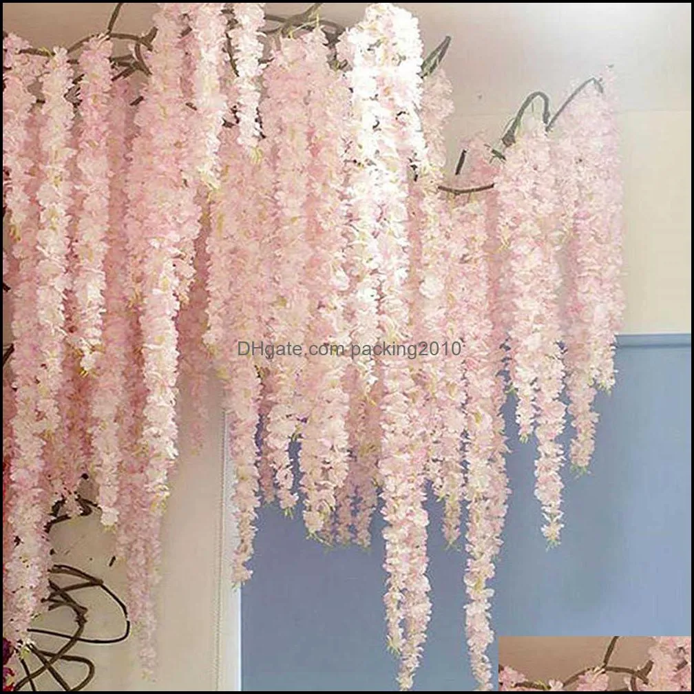 4pc/set 180cm Sakura Cherry Blossom Vine Lvy Wedding Arch Decoration Layout Home Party Rattan Wall Hanging Garland Wreath 220110