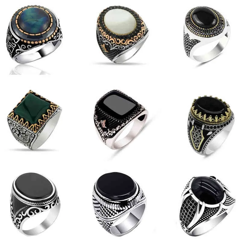 30 stijlen Vintage Handgemaakte Turkse Zegelring voor Mannen Vrouwen Oude Zilveren Kleur Zwarte Onyx Steen Punk Ringen Religieuze Jewelry267t