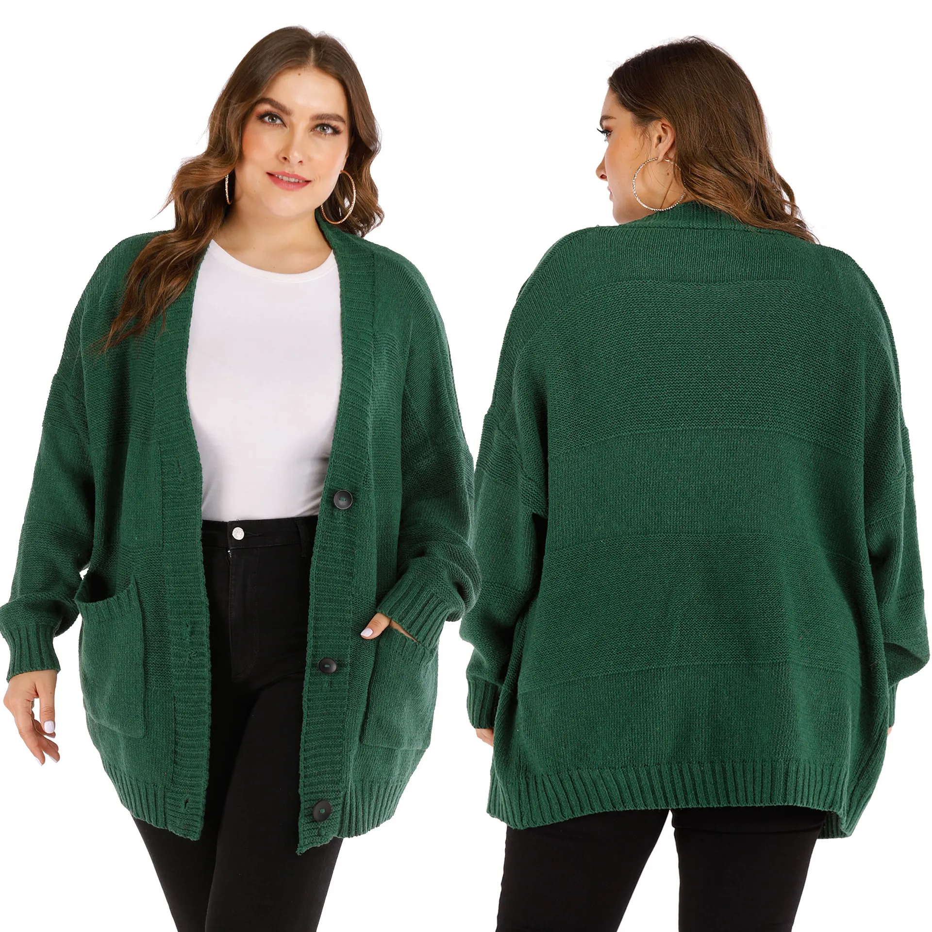 Nova Chegue Outono Inverno Mulheres Camisola Cardigan Grande Tamanho Exército Verde Verde Manga Longa Botão V-Pescoço De Malha Casaco De Bolso Quente Plus Top