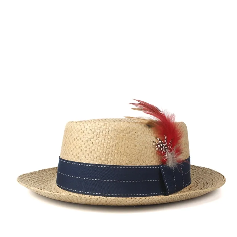 Große Frauen Männer Sonne Sommer Schweinefleisch Pie Sunbonnet Lady Flache Feder Strand Panama Sunhat Boater Hut Größe 57-60cm Y200602