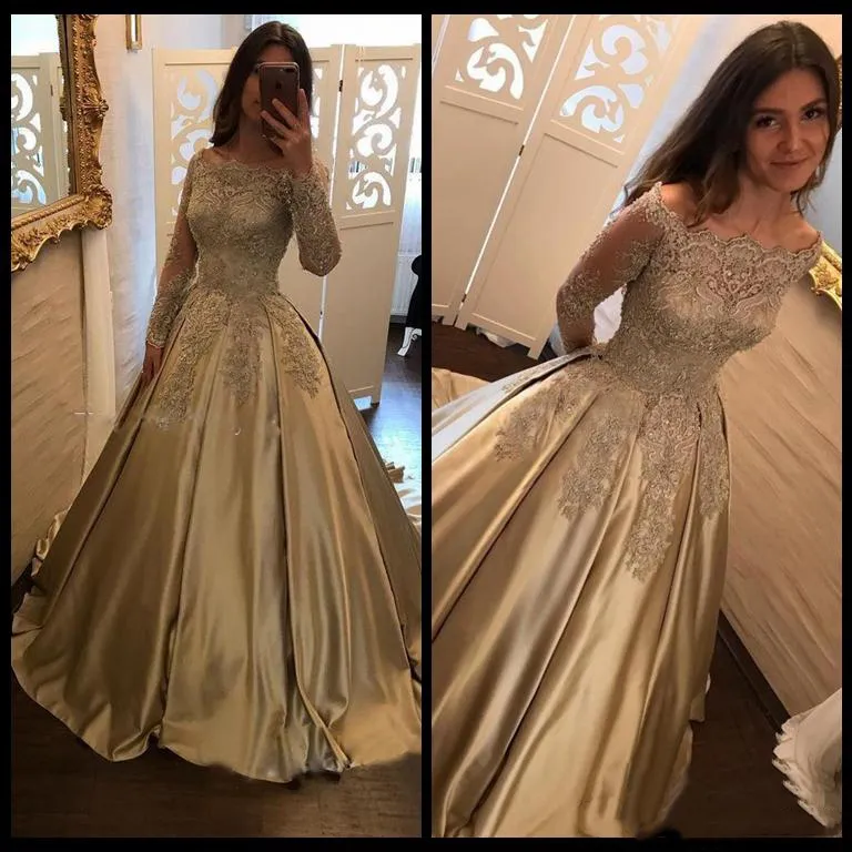 Formale Abendparty-Festzug-Kleider Langarm-Abschlussballkleid Dubai 2K17 Gold Spitze Abendkleider Günstige Vintage