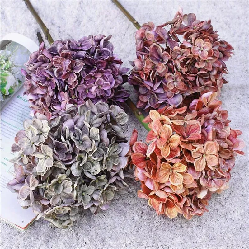 Falso haste curta Aurumn Hydrangea 48 centímetros / 18.9" Comprimento Simulação roxo Hortênsias para Casamento Casa decorativa Flores artificiais