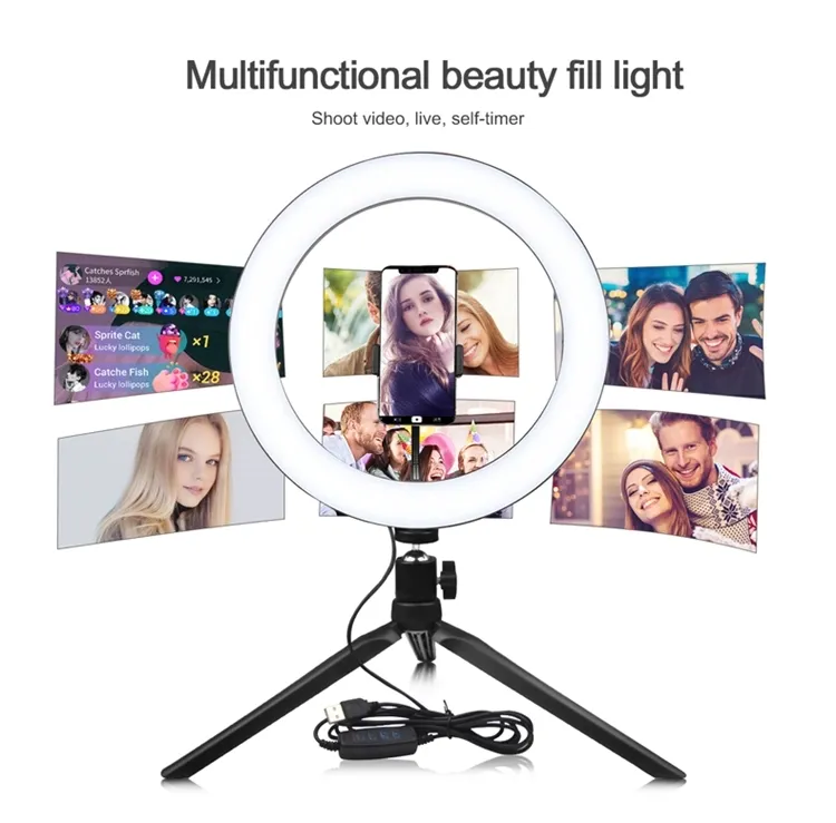 2021 Staffa per treppiede USB Illuminazione dimmerabile da tavolo Luce di riempimento live da 10 pollici Luci per trucco a LED Anello per selfie