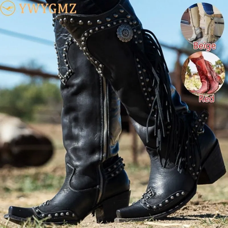 Groß sparen beim Kauf von Knie High Western Stiefel Damen Kniehohe Stiefel  Für Damen 2024 – Western Cowgirl Stiefel Aus Leder, Warme Modische Damen - Main Image