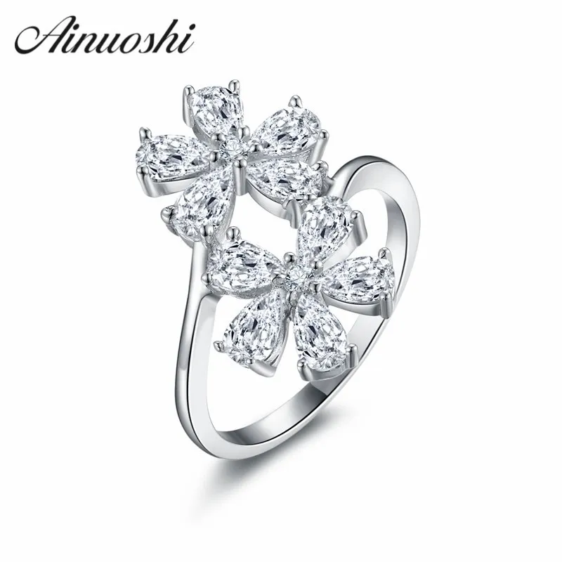 AINOUSHI Gota de agua de lujo Anillos de corte de pera Mujeres Flor de plata en forma de joyería Elegante regalo Amantes Aniversario Anillos de compromiso Y200106