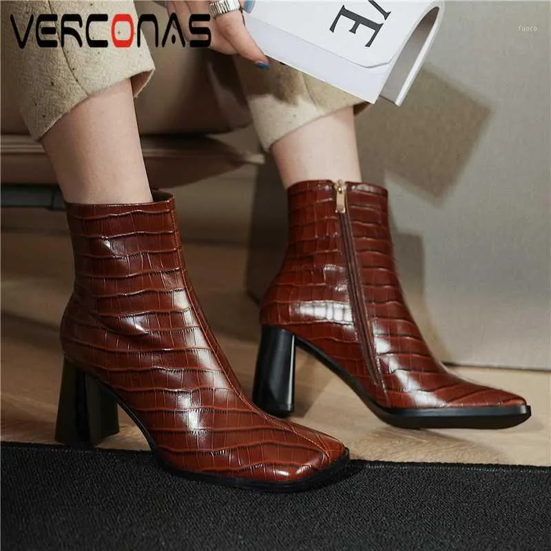 Bottes VERCONAS concis mode femmes cheville automne hiver en cuir véritable bout carré chaussures femme bureau décontracté talons épais Boots1