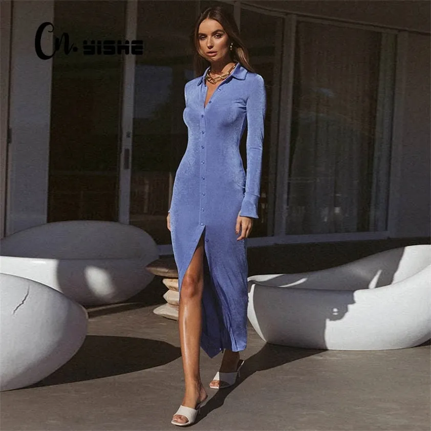 Cnyishe Fall Breasted Long Sleeve Maxi Dresses Turn-Down Collar Pure Color Split Streetwear Cardigan Shirt Robe 220215