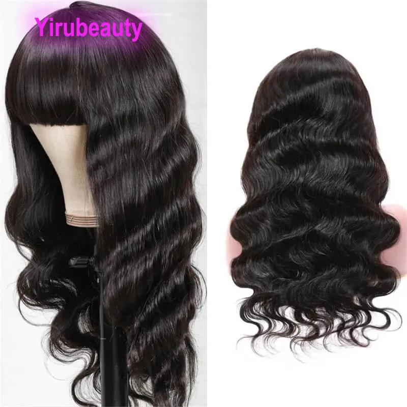 Full-maskin-peruk malaysiska 100% mänskligt hår rakt kroppsvåg 10-28 tummekanism peruk yirubeauty naturlig färg pop bangs