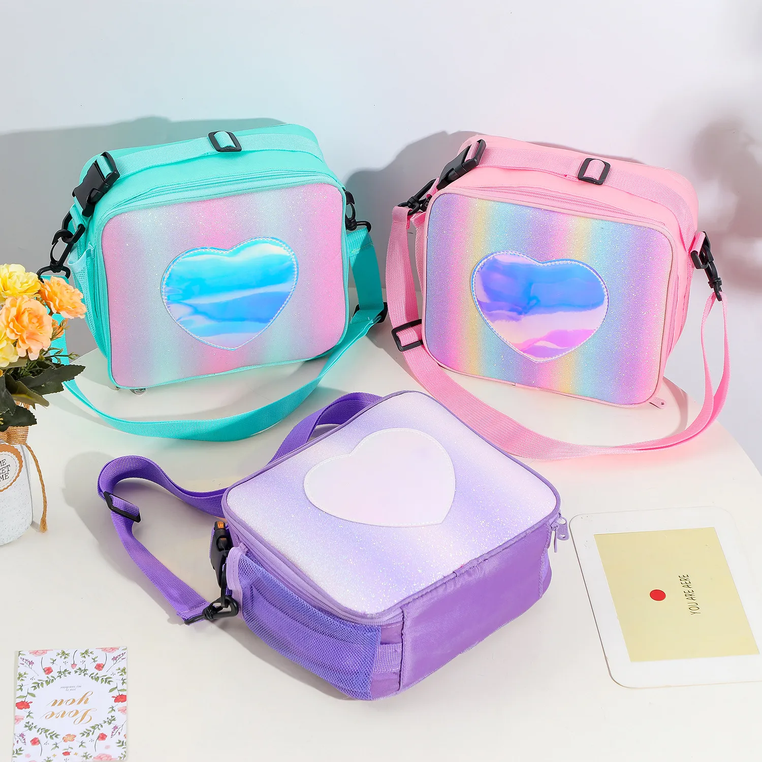 Isolierte Lunchbox für Kinder, rosa, blau, grün, Regenbogen-Laser-Bento-Tasche für die Schule