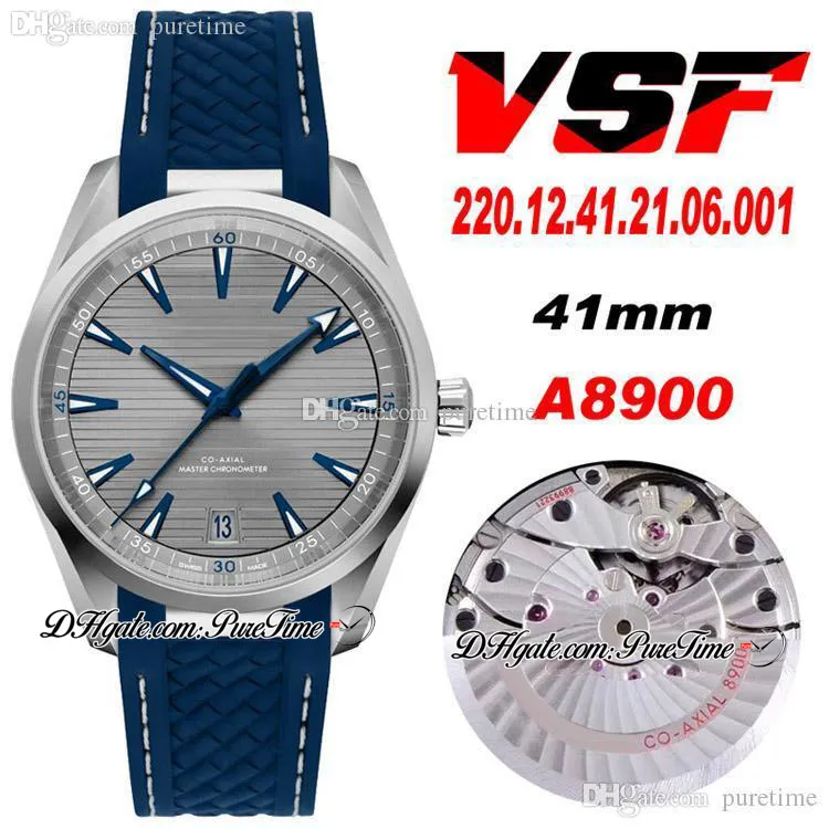 VSF Aqua Terra 150m Master Cal A8900 Automatyczne męże zegarek 41 mm szary teksturowany wybór niebieski dłoni gumowa biała linia 220.12.41.21.06.001 Super Edition Watches Puretime 18B2