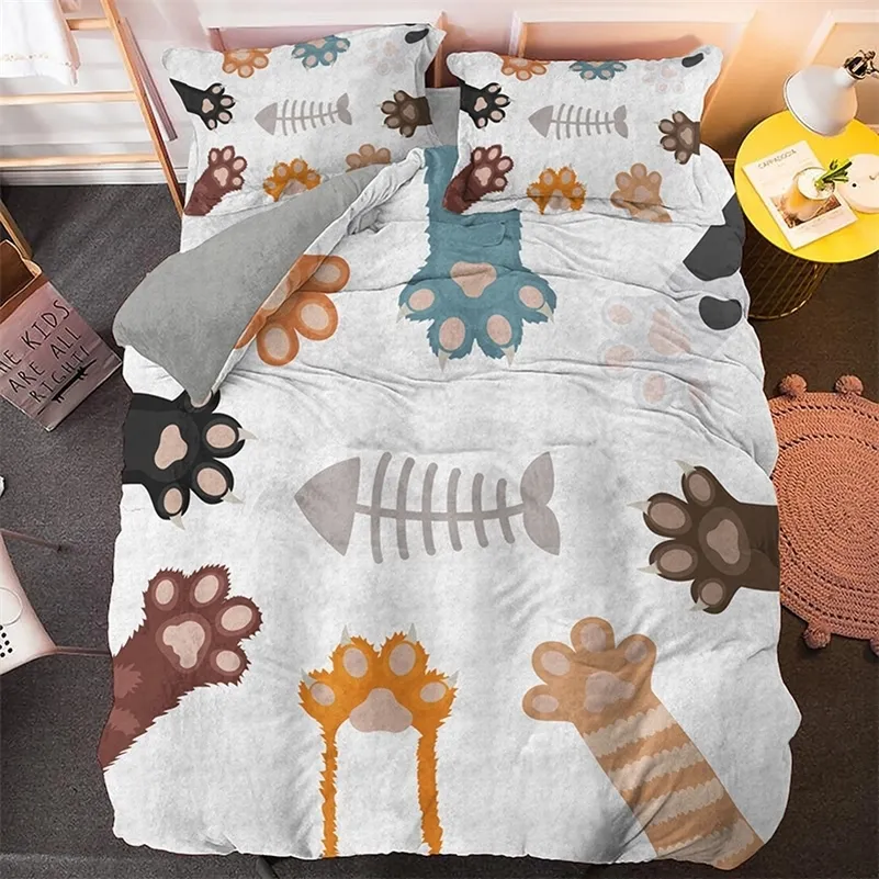 Animaux mignons Chats Ensembles de literie Cartoon Cat Dog Paw Enfants Housse de couette Imprimé Couvre-lit 3pcs Reine King Size Literie 201209