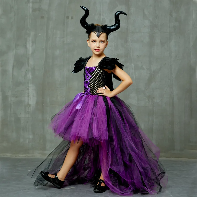 Halloween Maleficent Evil Dark Queen Girls Tutu Dress with Horns Wicked Witch Kids Cosplay Party Ball Gown Costume Fancy Clothes (9)