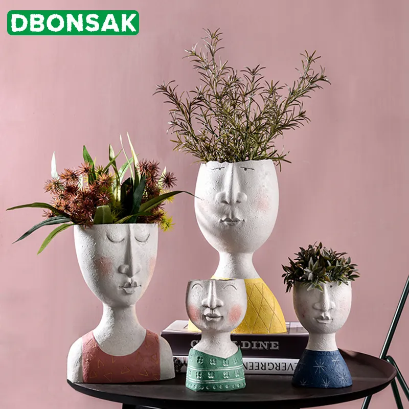 Arte retrato vaso de flores vaso escultura resina rosto humano família vaso de flores artesanal jardim armazenamento arranjo de flores casa decorações y200723