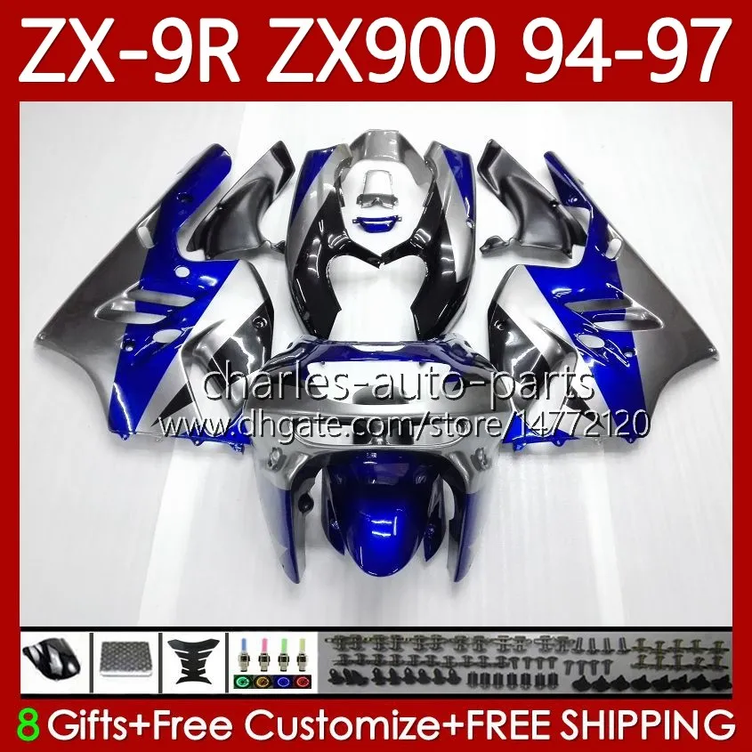 Kawasaki Ninja ZX-9R ZX900 ZX 9R 9R 900 CC 1994-1997 Bodys 100no.9 ZX9 R 900CC ZX-900 ZX9R 94 95 96 97 ZX900C 1994 1995 1996 1997 OEM 페어링 블루 Silvery Blk