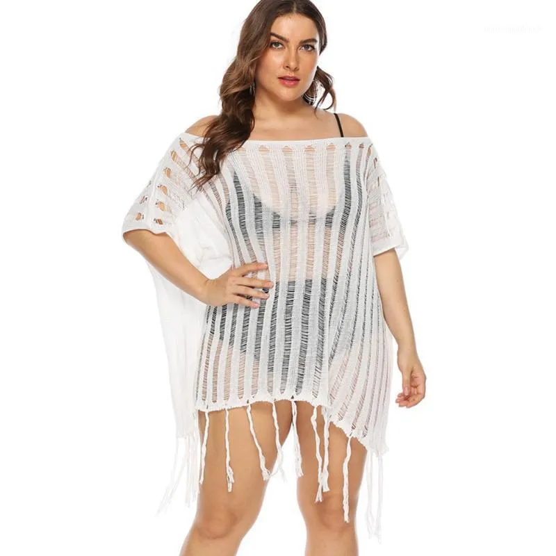 Sarongs Plus Size Crochet Beach Cover Up Tassel Dress Women Fishnet Beachwear Swimsuit Shoulder Off Tunic1