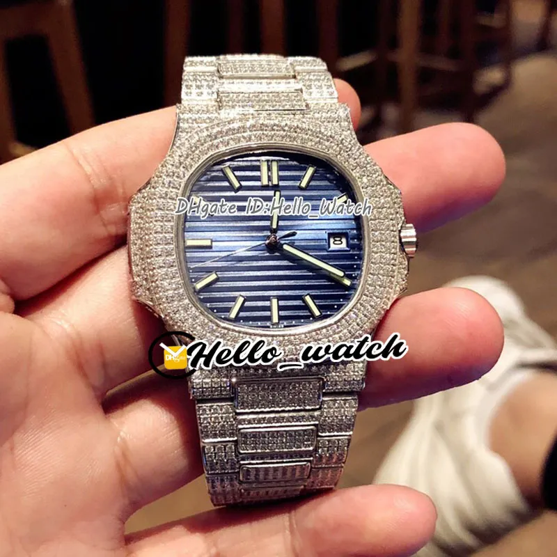 Luksusowy Nowy 5711 5719 / 1G-001 Blue Texture Dial Miyota Automatyczny Zegarek Mens Stal W pełni Iced Out Diamond Bransoletka Sport Zegarki Hello_watch